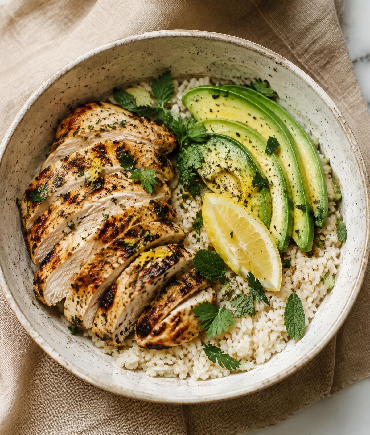 Lemon chicken bowl with avocado, rice and fresh herbs